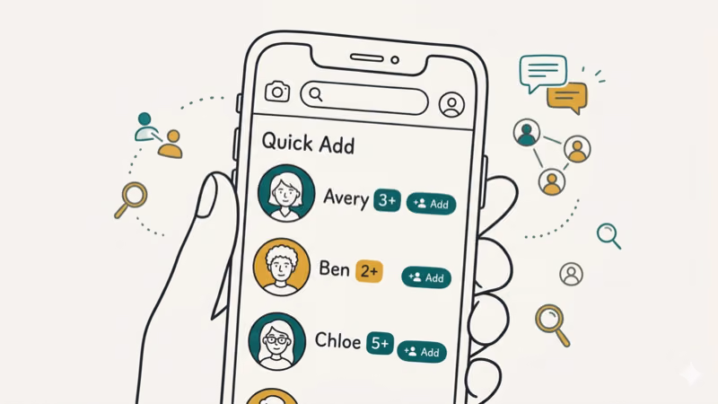 Snapchat Quick Add section showing user avatars with mutual friend count badges displaying numbers like 2+ and 3+