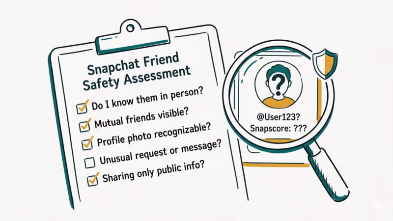 Checklist with magnifying glass examining a Snapchat user profile for safety verification before accepting