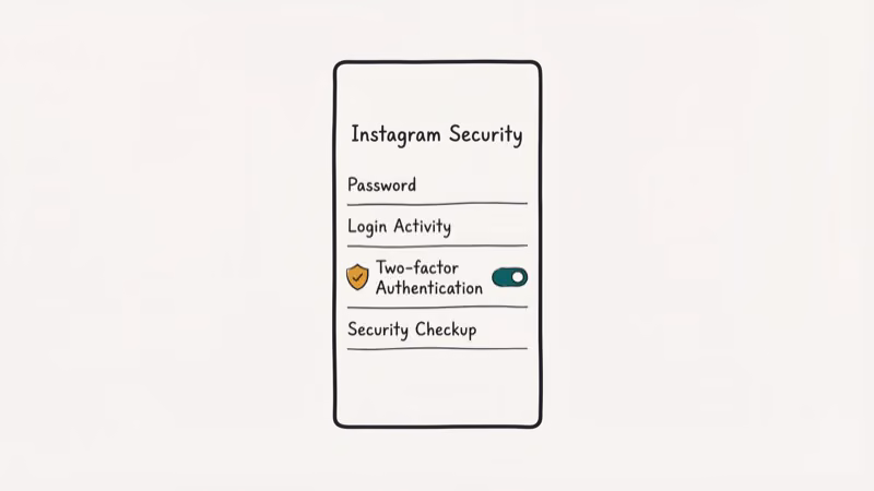 Smartphone showing Instagram security settings screen with two-factor authentication toggle enabled and shield protection icon