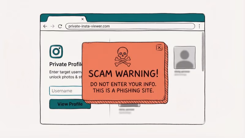 Browser window showing a fake private Instagram viewer website with a scam warning overlay in coral red