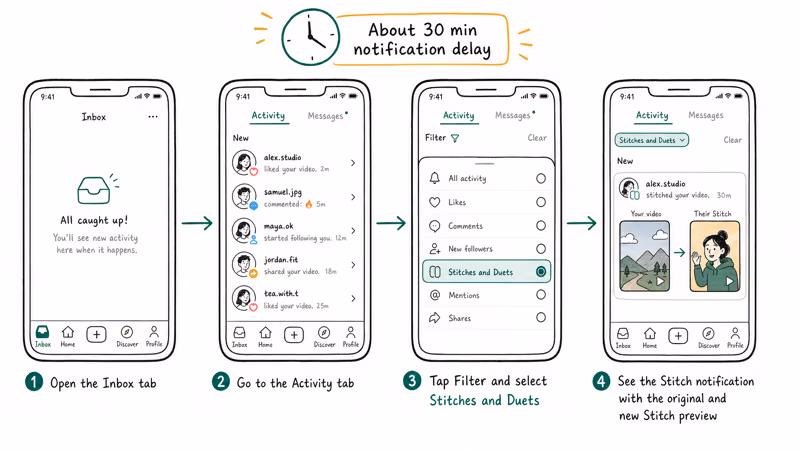 Four step path Inbox Activity filter Stitches and Duets showing notification card with previews
