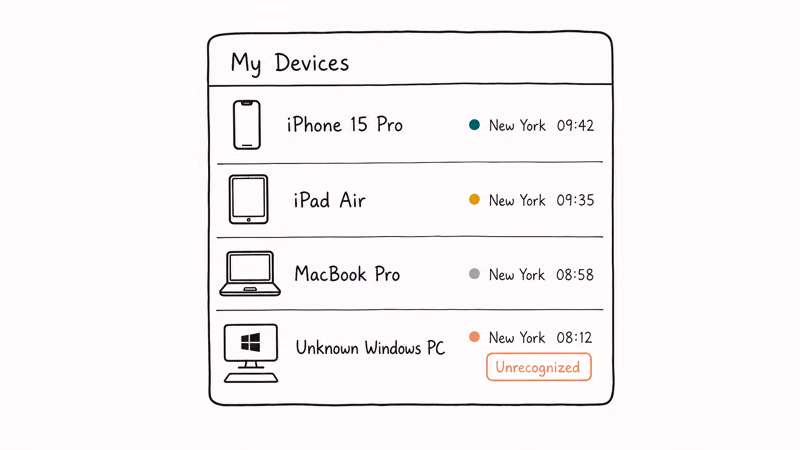 iCloud device session audit list showing iPhone iPad MacBook and unrecognized Windows PC with warning chip.