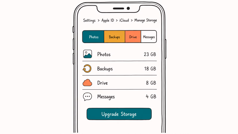 iPhone iCloud Storage screen showing color segmented usage bar with categories and Upgrade Storage button.
