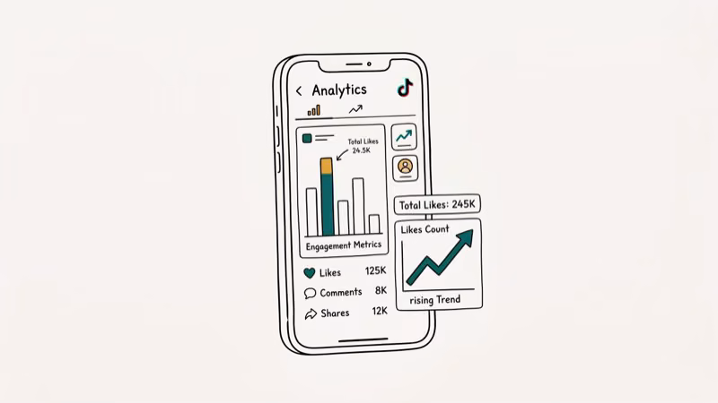 TikTok Analytics dashboard on smartphone showing engagement bar chart with likes count and rising trend graph