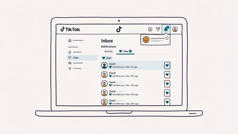 TikTok desktop website showing the Inbox bell icon with Likes filter and chronological notification feed of heart icons