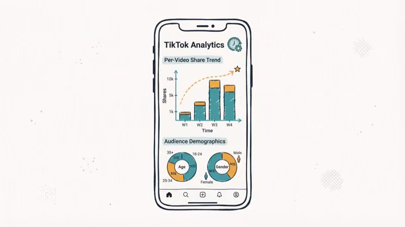 TikTok Analytics dashboard showing per-video share trend graph with bar chart over time and audience demographics section