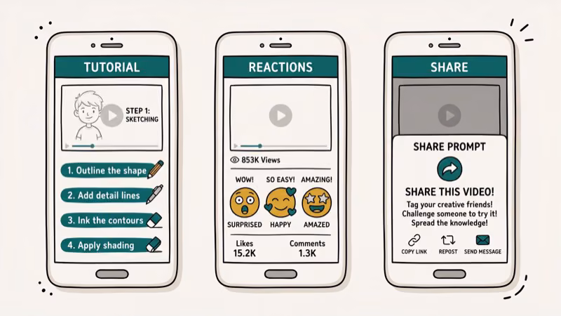 Three smartphone screens showing viral content strategy with tutorial steps, emotional reactions, and a share call-to-action prompt