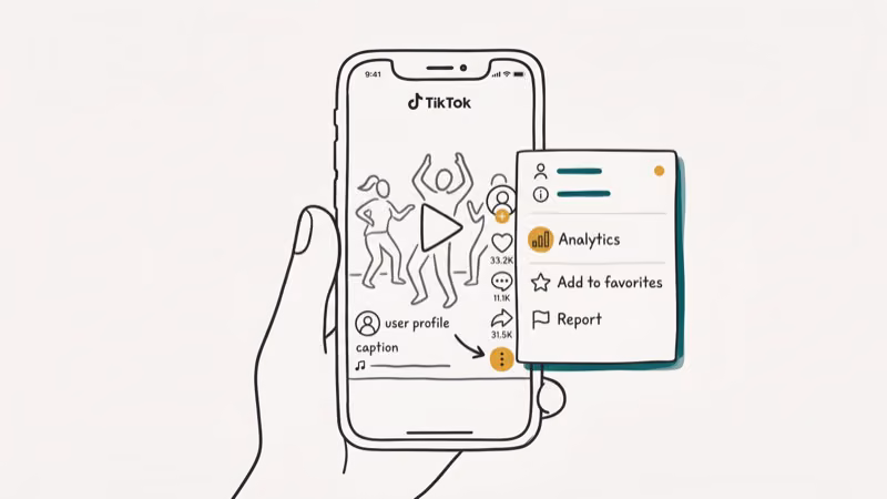 TikTok app showing a video with the three-dot menu expanded with Analytics option and share count displayed with arrow icon
