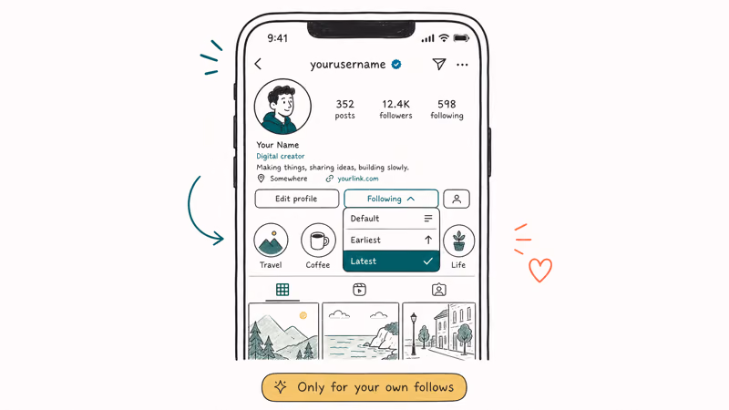 Instagram profile your own Following list with sort by Latest highlighted in teal dropdown
