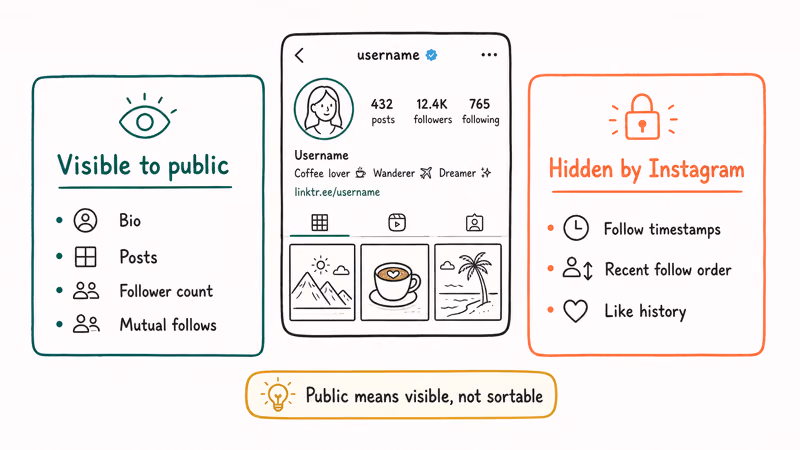 Instagram profile what is visible bio posts versus hidden timestamps and recent follow order