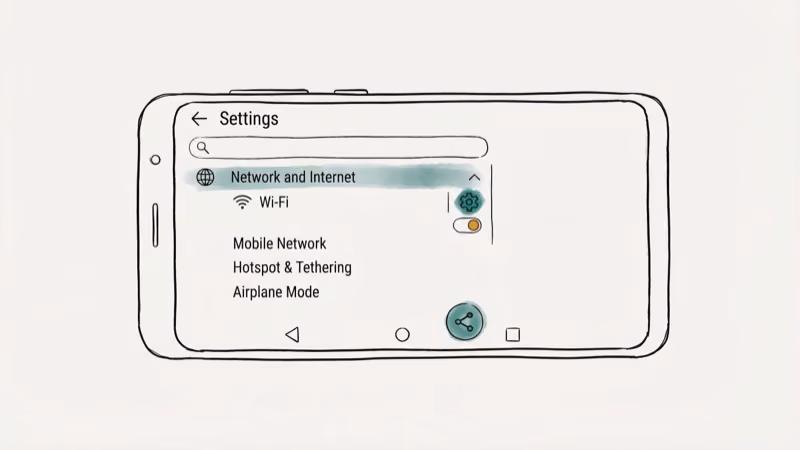 Android smartphone Settings screen showing Network and Internet menu with Wi-Fi network gear icon and Share button highlighted to reveal password