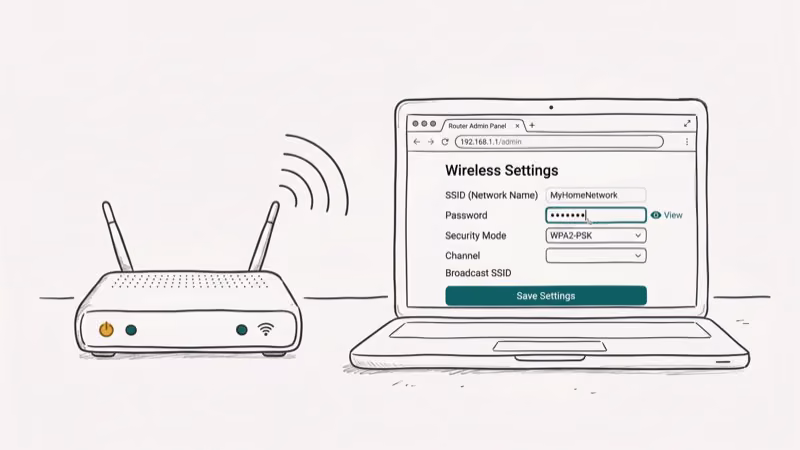 Wireless router next to a laptop browser open to the router admin panel interface showing wireless settings and password field