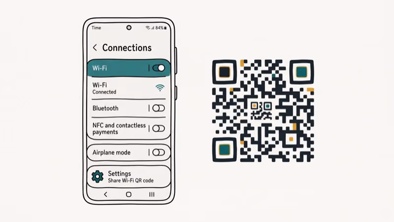 Samsung One UI phone displaying Wi-Fi Connections settings with QR code option and a scannable QR code for sharing network access