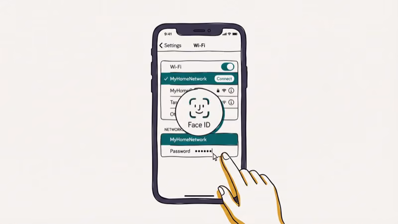 iPhone Settings app showing Wi-Fi network info page with Password field being tapped and Face ID authentication prompt appearing