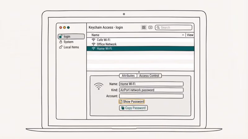 Mac computer screen with Keychain Access app open displaying saved Wi-Fi network entries with a Show Password checkbox selected