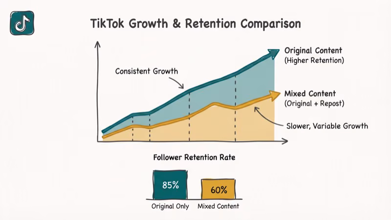 TikTok follower retention growth chart comparing mixed content strategy versus original-only accounts with rising trend line