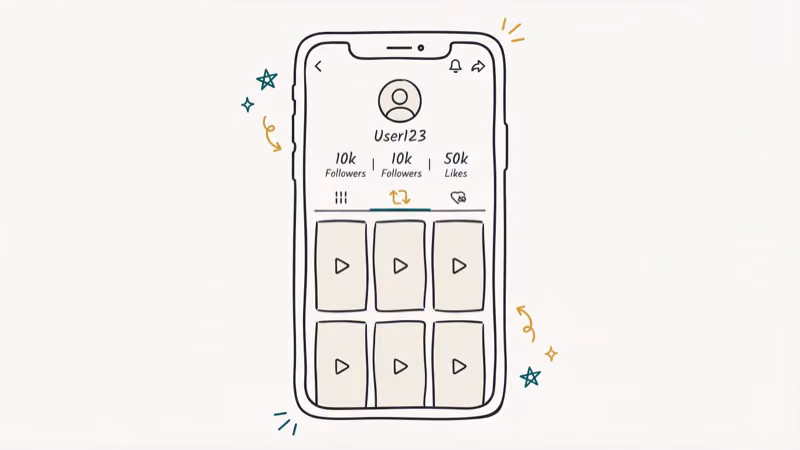 TikTok profile page on smartphone with the two-arrow repost icon tab highlighted and a grid of reposted video thumbnails below
