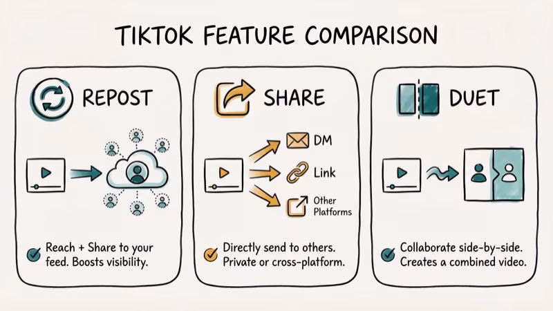 Comparison diagram showing TikTok Repost vs Share vs Duet features with arrows indicating audience reach and distribution method for each