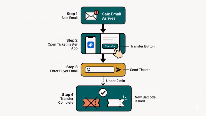 Ticketmaster app ticket transfer process with email entry and barcode update