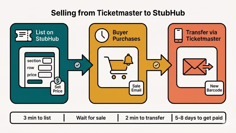 Ticketmaster to StubHub ticket selling flow showing three steps from listing to transfer