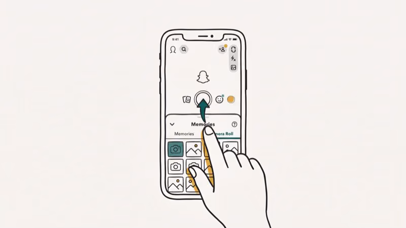 Smartphone with Snapchat camera screen showing a finger swiping up to open the Memories panel with Camera Roll tab and photo grid