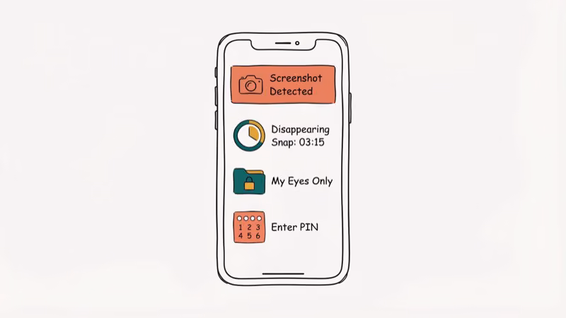 Snapchat privacy controls showing screenshot notification alert, disappearing snap timer countdown, and My Eyes Only padlock folder with PIN pad