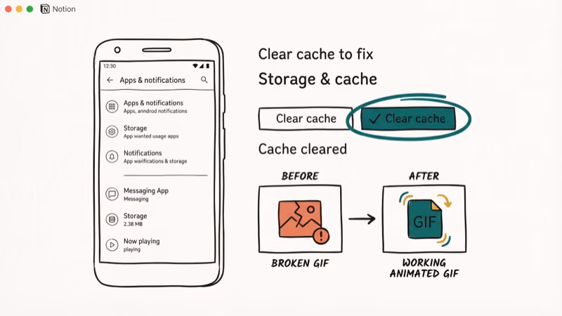 Android Settings app showing messaging app storage page with Clear Cache button highlighted and a before-and-after of broken GIF becoming working after cache clear