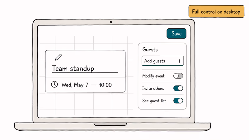 Hand-drawn Google Calendar event editor showing guests panel and permission toggles on desktop browser