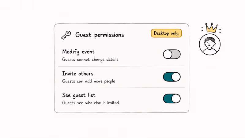Permissions card listing modify event invite others and see guest list toggles with default states