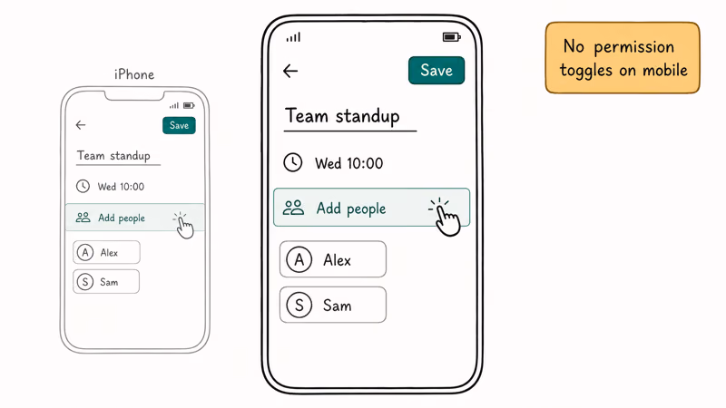 Mobile phone showing Google Calendar Add people field with two suggested contact chips below
