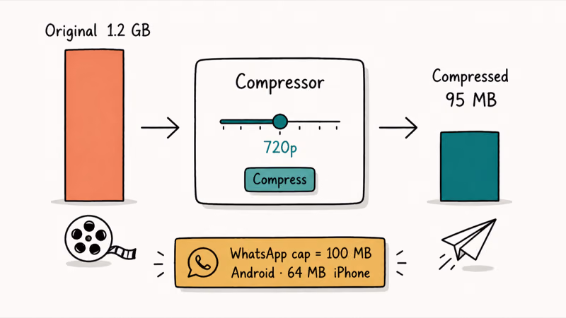 Hand-drawn bars showing a video shrinking from 1.2 GB to 95 MB through a 720p compression tool.