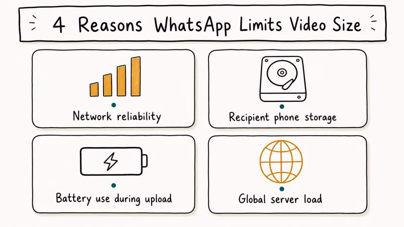 Four-card grid explaining why WhatsApp limits video size including network reliability and recipient storage.
