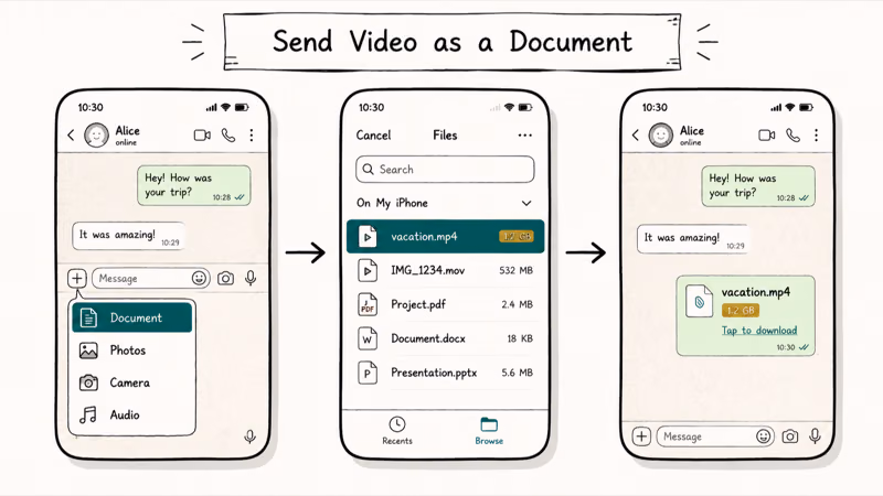 Three-screen sequence sending a large video as a document attachment in WhatsApp instead of media.