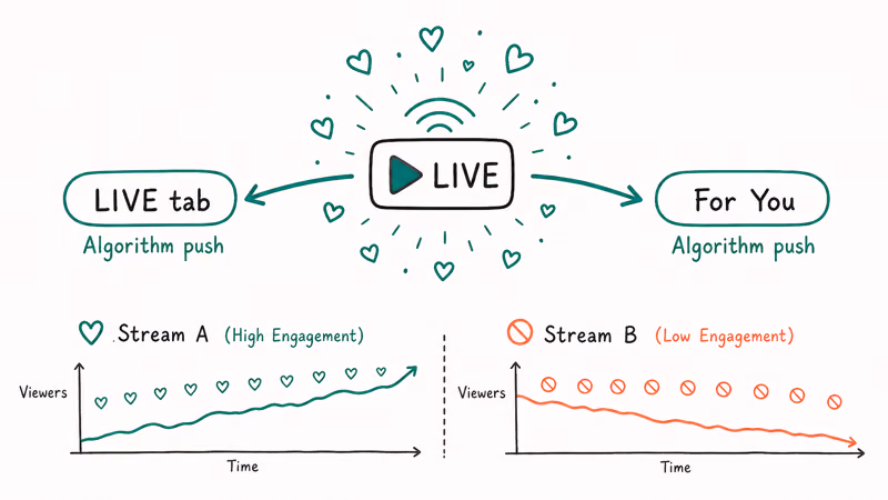 Live stream with heart density burst pushing to LIVE tab and For You with viewer chart compare