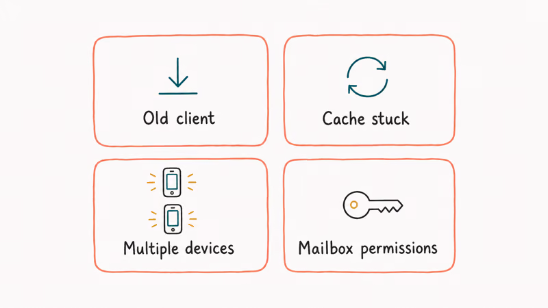 Hand-drawn grid of four reasons a Teams OOO status fails to update including cache devices and permissions