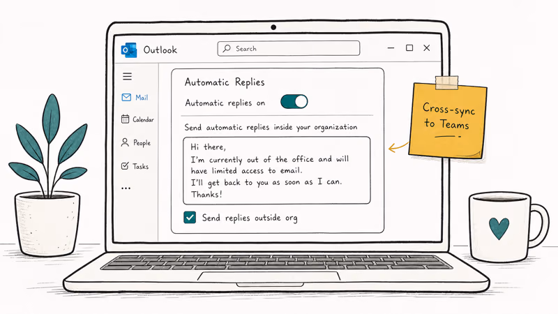 Hand-drawn Outlook automatic replies panel with toggle on sample message and external-reply option checked