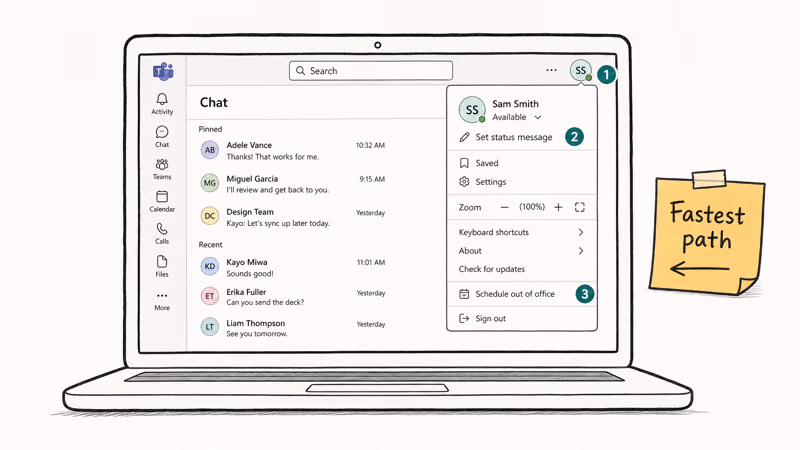 Hand-drawn Microsoft Teams screen showing three numbered taps from profile to schedule out of office