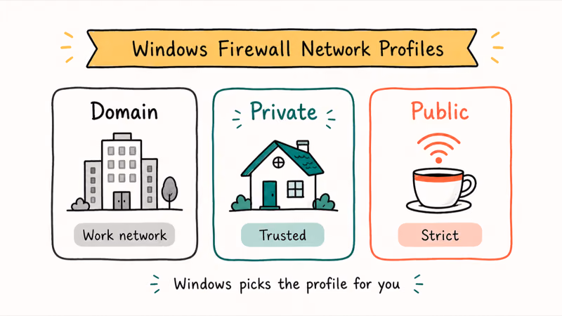 Domain, Private, and Public Windows firewall profiles shown as three cards for work, home, and public networks