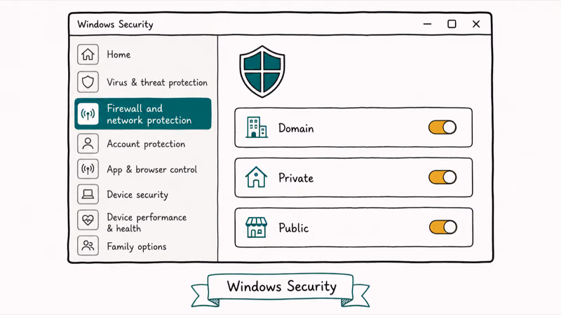 Windows Security app sidebar highlighting the Firewall and network protection section with a shield