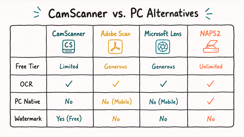 Four-column table comparing CamScanner Adobe Scan Microsoft Lens and NAPS2 on free tier OCR and watermarks