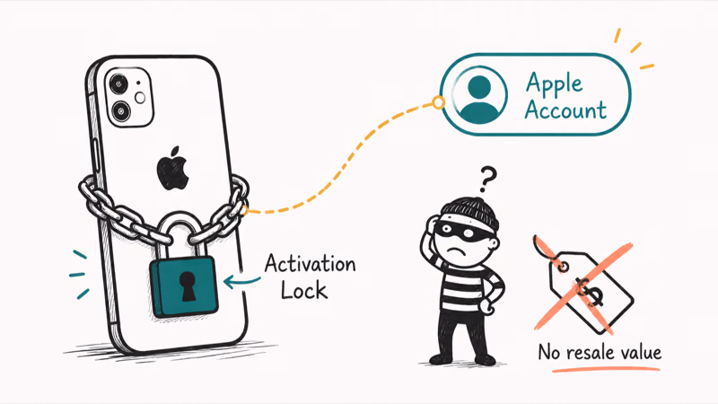 Activation Lock binding an iPhone to an Apple Account to block thieves from reselling