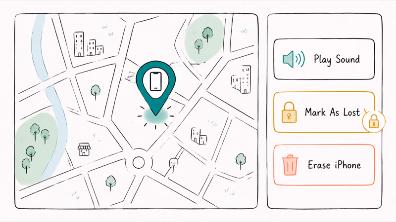 Find My app map showing a lost iPhone with Play Sound and Erase action buttons