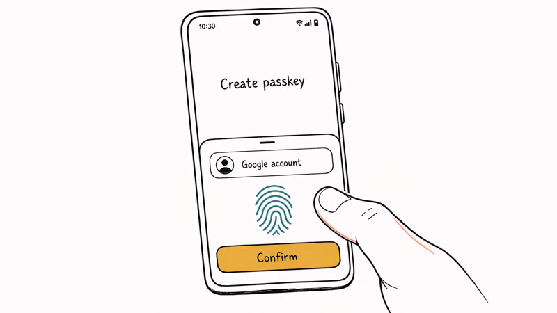 Hand-drawn Android phone showing the Create passkey system sheet with fingerprint confirmation prompt