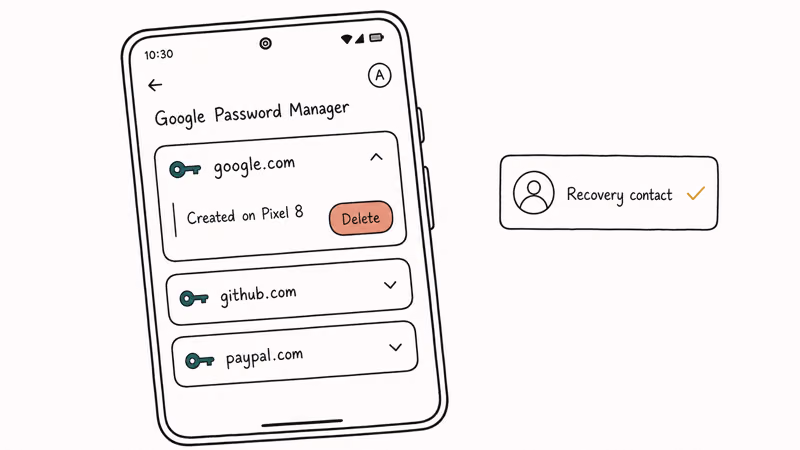 Hand-drawn Google Password Manager screen showing a passkey entry with delete option and recovery contact