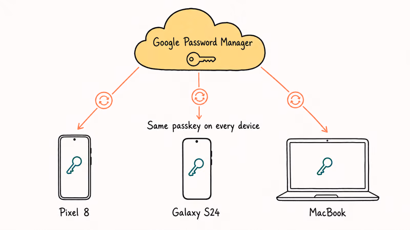Hand-drawn Pixel phone Galaxy phone and MacBook syncing the same passkey through Google Password Manager