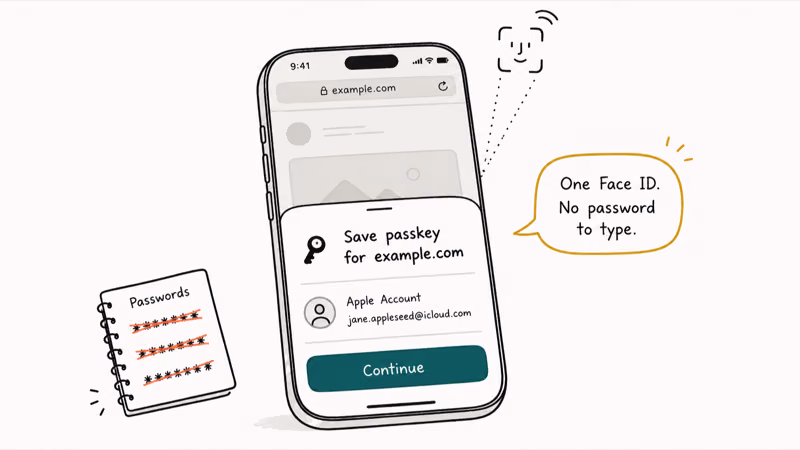 iPhone showing Save passkey confirmation sheet with Face ID prompt for a supported website