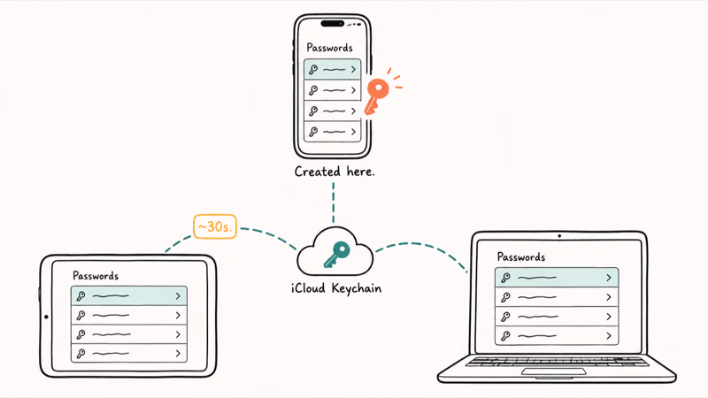 iCloud Keychain syncing a new passkey across iPhone, iPad, and MacBook within about thirty seconds