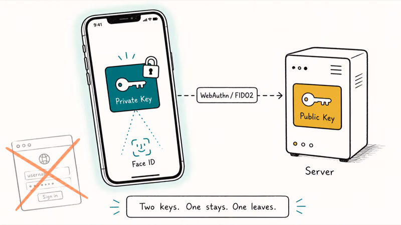 Diagram showing iPhone holding private key while server stores public key for passkey authentication