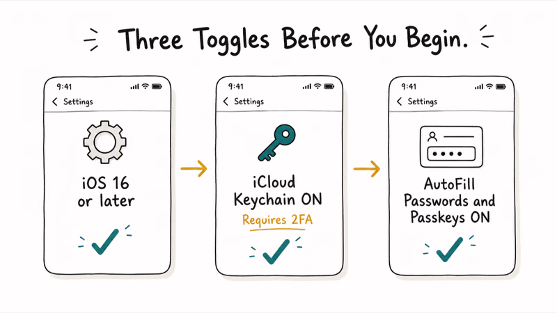 Illustrated checklist of iCloud Keychain, two-factor authentication, and AutoFill prerequisites for iPhone passkeys