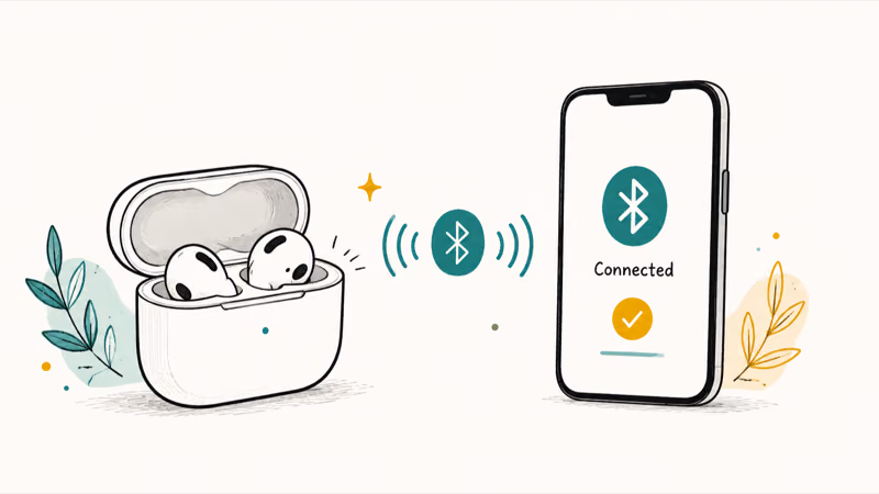 Translation earbuds pairing with a smartphone over Bluetooth shown with connection waves between them